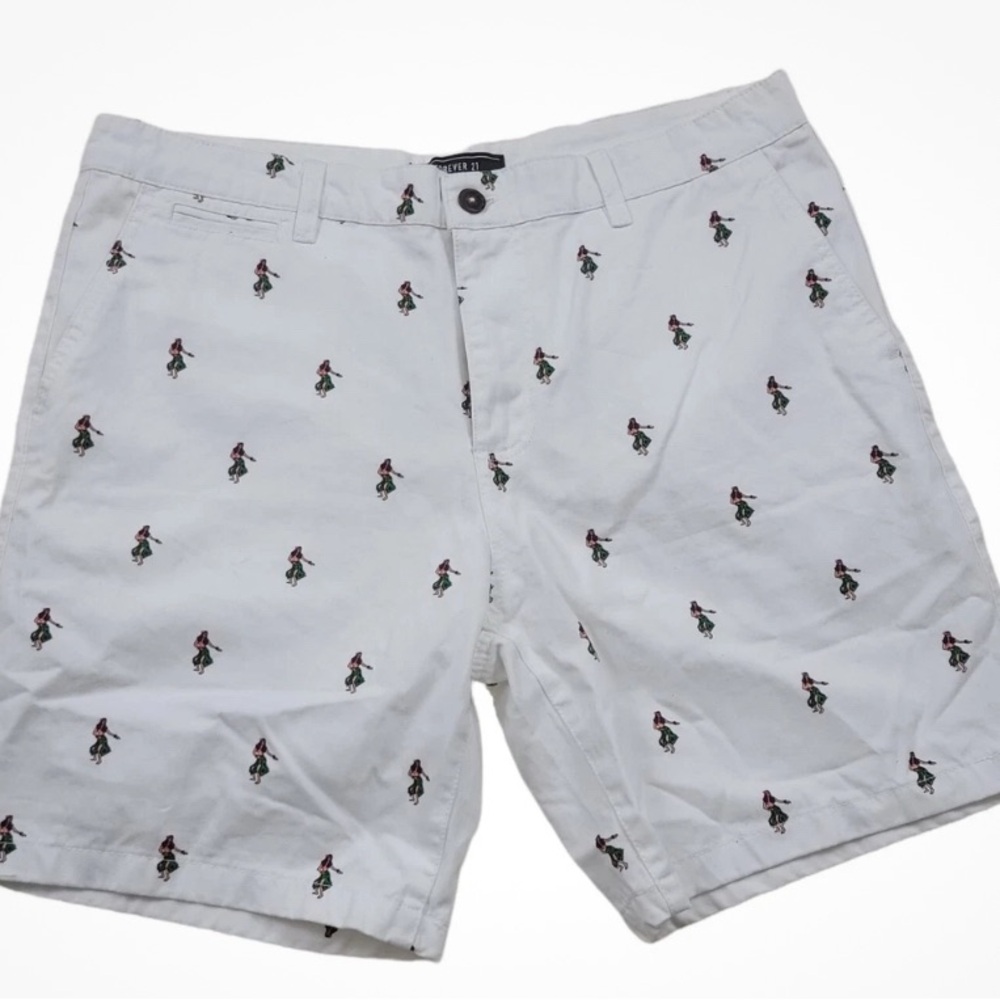 Forever 21 White Hula Girl Printed Men's Shorts whimsical print Hawaiian 34